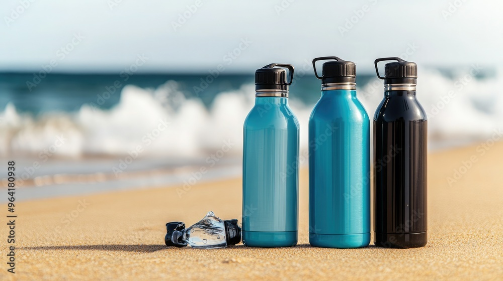 Colorful water bottles on a sandy beach, perfect for outdoor activities and hydration. Ideal for summer and travel themes. Colorful water bottles on a sandy beach, perfect for outdoor activities and hydration. Ideal for summer and travel themes.