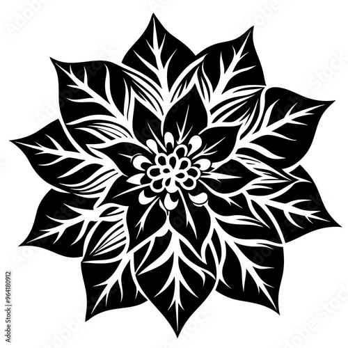 a black and white illustration of a stylized flower. The design features multiple layers of pointed petals radiating outward from the center. 