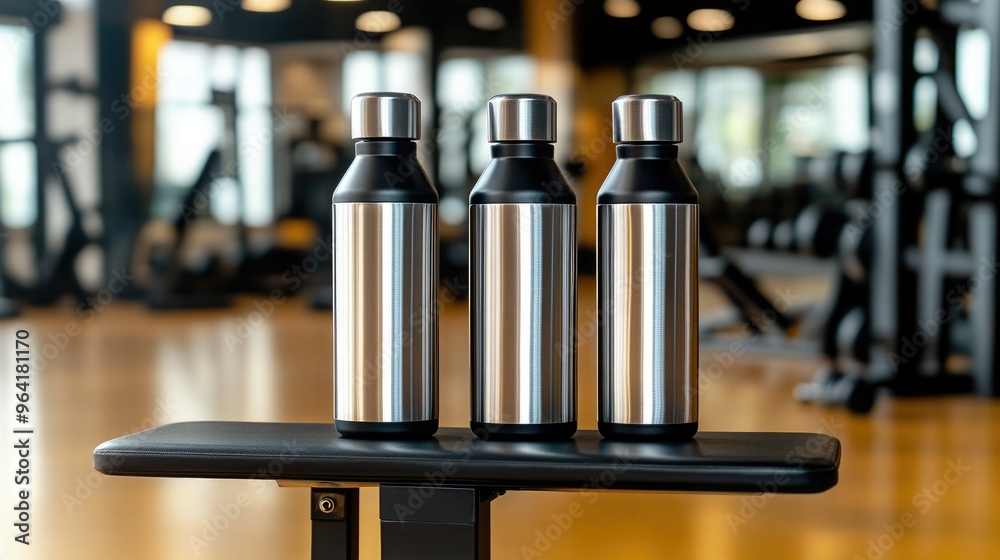 Three stainless steel water bottles on a gym bench, ideal for fitness enthusiasts and hydration during workouts. Three stainless steel water bottles on a gym bench, ideal for fitness enthusiasts and hydration during workouts.