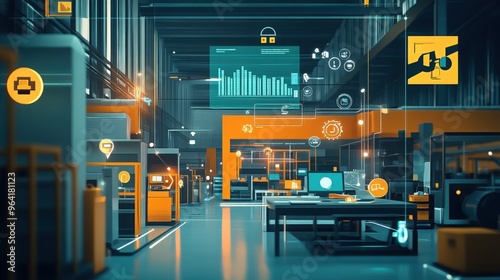 Vibrant business setting demonstrating business flexibility, with icons representing streamlined operations and swift responses to industry shifts 