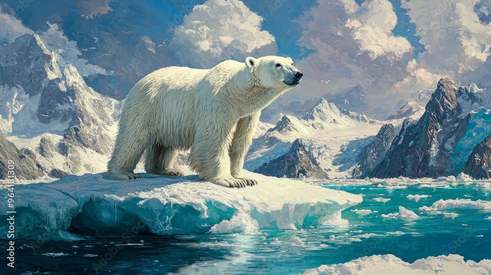 Majestic polar bear standing on an ice floe in a stunning arctic landscape. Majestic polar bear standing on an ice floe in a stunning arctic landscape.