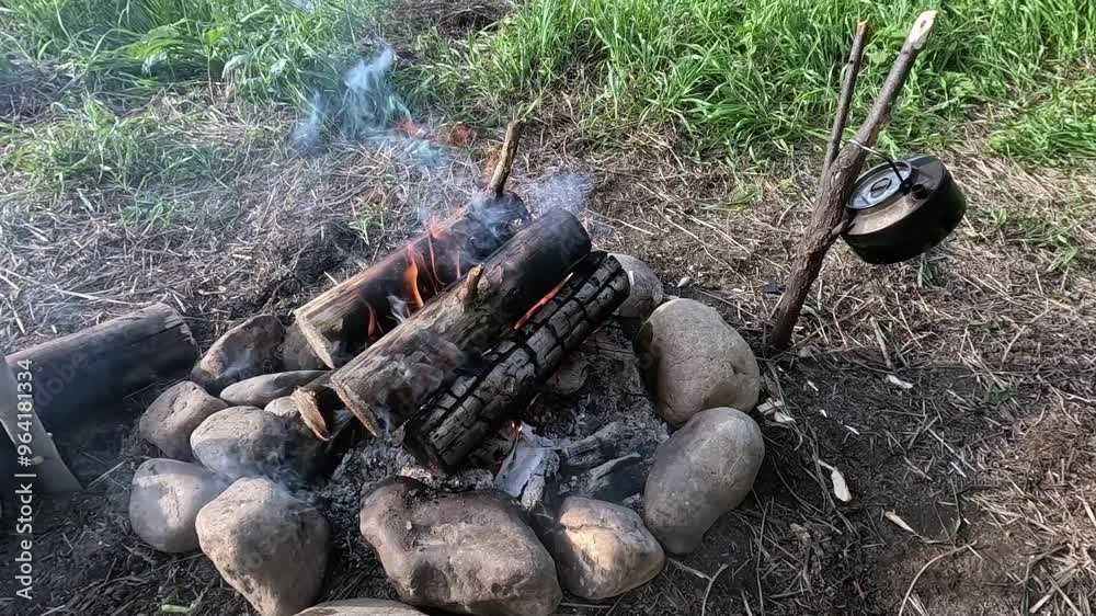 A fire is burning next to the river A fire is burning next to the river