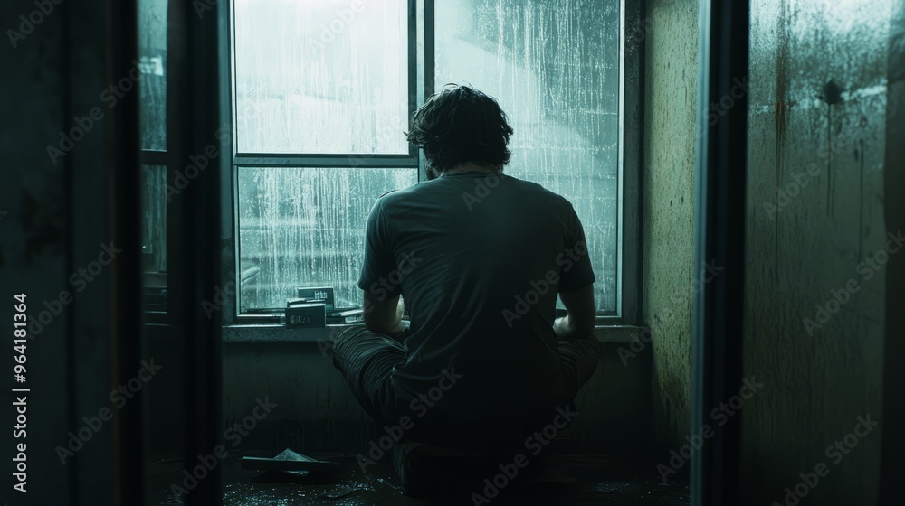 a sad man in a dark room in front of a window rainy day sad feeling a sad man in a dark room in front of a window rainy day sad feeling