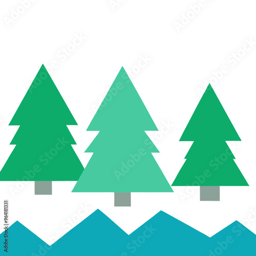 a simple graphic design featuring three stylized pine trees. The trees are arranged in a row, each with a triangular shape representing the foliage and a small rectangle for the trunk. 
