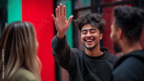 A man is waving at two other people