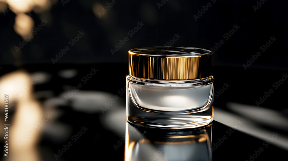 glass cream jar with a gold cap is placed on a reflective black surface, with soft spotlights creating dramatic shadows for a high-end glass cream jar with a gold cap is placed on a reflective black surface, with soft spotlights creating dramatic shadows for a high-end