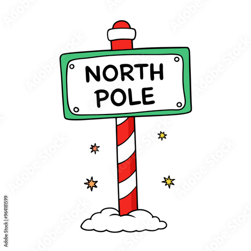 a cartoon-style signpost with a red and white striped pole, resembling a candy cane. At the top of the pole is a rectangular sign with a green border and the words "NORTH POLE" written in bold, black 
