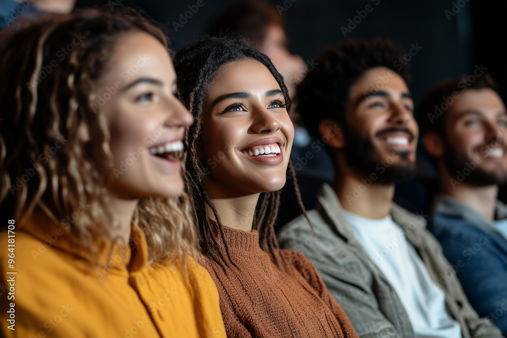 A group of people are sitting in a theater, smiling and laughing A group of people are sitting in a theater, smiling and laughing