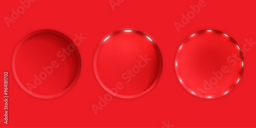 Set of round niches in a red wall with lighting. Vector illustration.