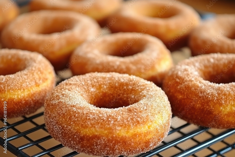 A batch of baked pumpkin donuts dusted with cinnamon sugar, arranged on a cooling rack A batch of baked pumpkin donuts dusted with cinnamon sugar, arranged on a cooling rack