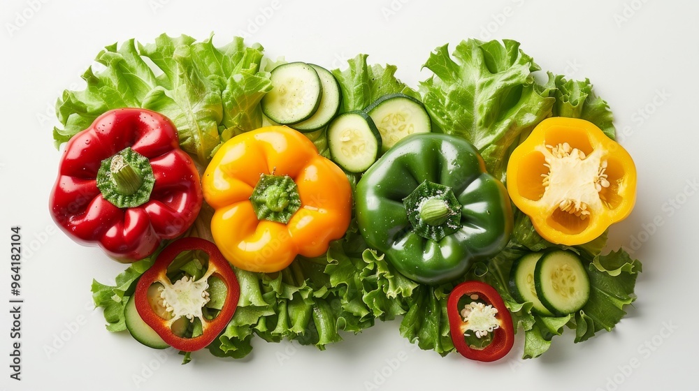 A vibrant array of fresh vegetables showcasing bell peppers, cucumbers, and lettuce. This colorful display emphasizes healthy eating and nutrition. Perfect for food styling. AI A vibrant array of fresh vegetables showcasing bell peppers, cucumbers, and lettuce. This colorful display emphasizes healthy eating and nutrition. Perfect for food styling. AI