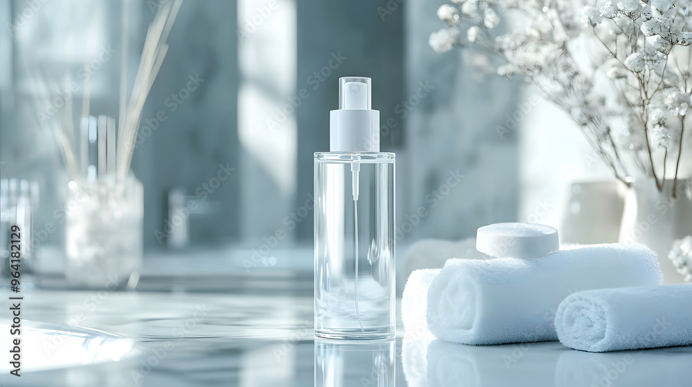 glass spray bottle with a white cap in a luxurious bathroom setting, emphasizing its place in a premium skincare routine glass spray bottle with a white cap in a luxurious bathroom setting, emphasizing its place in a premium skincare routine
