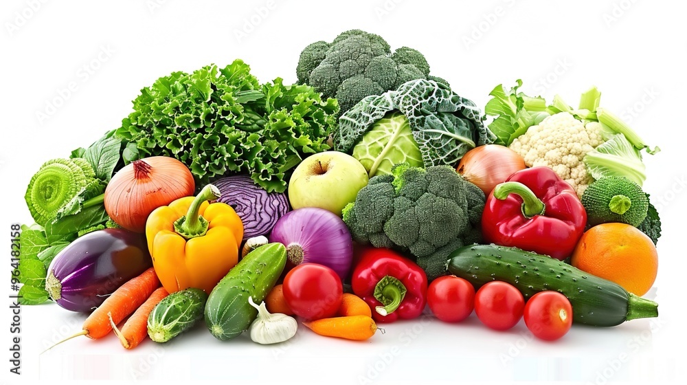Vibrant Pile of Fresh Produce: Colorful Vegetables and Fruits Including Cabbage, Cucumber, Bell Pepper, Tomato, Broccoli, Kale, Onion, Eggplant, Apple, and Orange Vibrant Pile of Fresh Produce: Colorful Vegetables and Fruits Including Cabbage, Cucumber, Bell Pepper, Tomato, Broccoli, Kale, Onion, Eggplant, Apple, and Orange