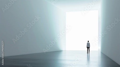 Solitary Man Standing in Minimalist Empty Room with Bright Light Source, Symbolizing Isolation and Futuristic Spaces