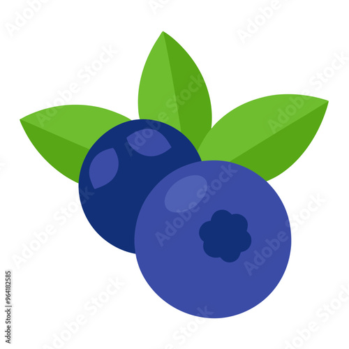 an illustration of two blueberries with three green leaves behind them. The blueberries are depicted in a deep blue color, with one of them showing a small circular highlight to indicate a shiny surfa