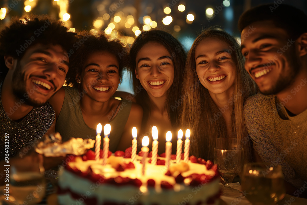 A group of people are gathered around a birthday cake with candles A group of people are gathered around a birthday cake with candles
