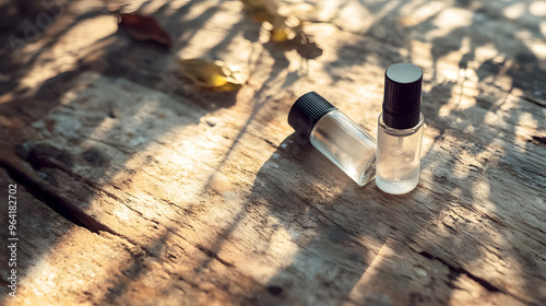 Glass spray bottles with black and white caps, resting on a rustic, organic surface with natural lighting to highlight sustainability photo