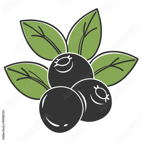 a simple, stylized illustration of three black berries with green leaves behind them. The berries are depicted in black with white highlights and small circular markings on top, resembling blueberries