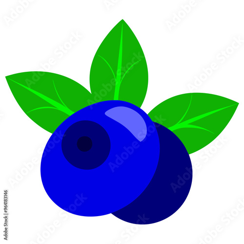 a simple, stylized illustration of two blueberries with three green leaves behind them. The blueberries are depicted in a bright blue color with a darker blue shadow on one side