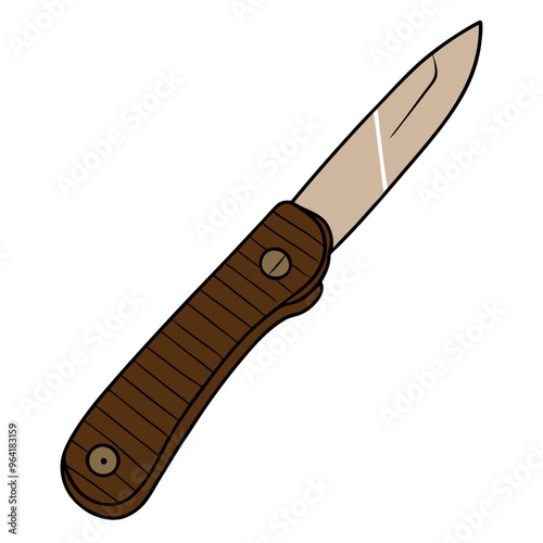  a simple illustration of a folding pocket knife. The knife has a brown handle with a textured pattern and two visible screws. The blade is partially open and appears to be made of metal photo