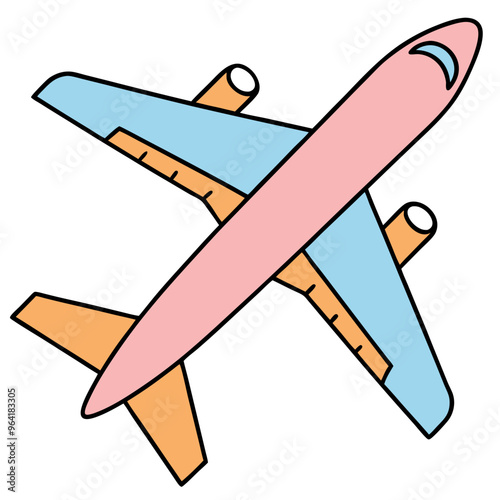 a simple, cartoon-style drawing of an airplane. The airplane is depicted from a top-down view. The body of the airplane is pink, the wings and tail are light blue, and the engines and vertical stabili