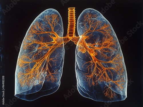 A cross-section of the lungs showing fluid accumulation caused by pneumonia. photo