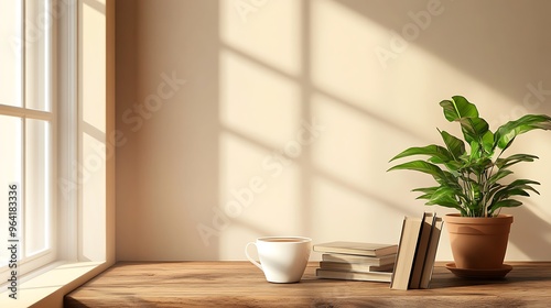 A cup of coffee, a stack of books, a plant, and the warm glow of sunshine coming through a window on a wooden table.