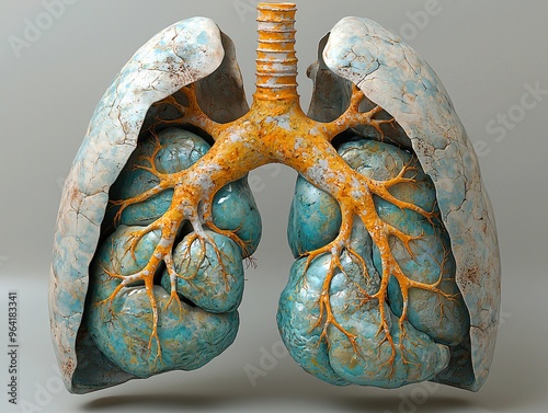 A cross-section of the lungs showing fluid accumulation caused by pneumonia. photo