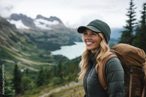 A woman is smiling and wearing a green hat while standing on a mountain