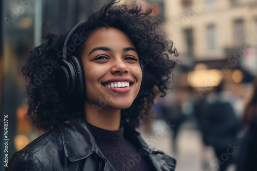 A woman with curly hair is smiling and wearing headphones