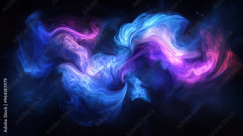A beautiful swirl of blue and purple shines against a black background, like a colorful cloud of energy in space. A beautiful swirl of blue and purple shines against a black background, like a colorful cloud of energy in space.