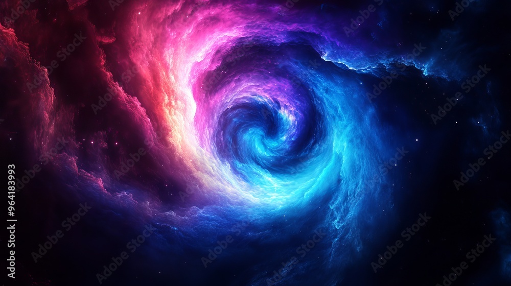 A beautiful swirl of blue and purple shines against a black background, like a colorful cloud of energy in space. A beautiful swirl of blue and purple shines against a black background, like a colorful cloud of energy in space.