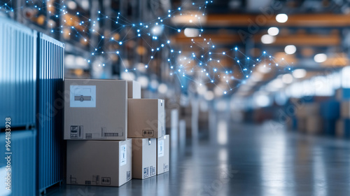 Modern warehouse with boxes and containers, featuring an overlay of digital connections representing automation and smart logistics.
