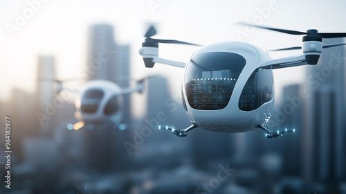 Autonomous flying drones maneuver through an urban skyline, showcasing future possibilities in transportation and delivery in smart cities.