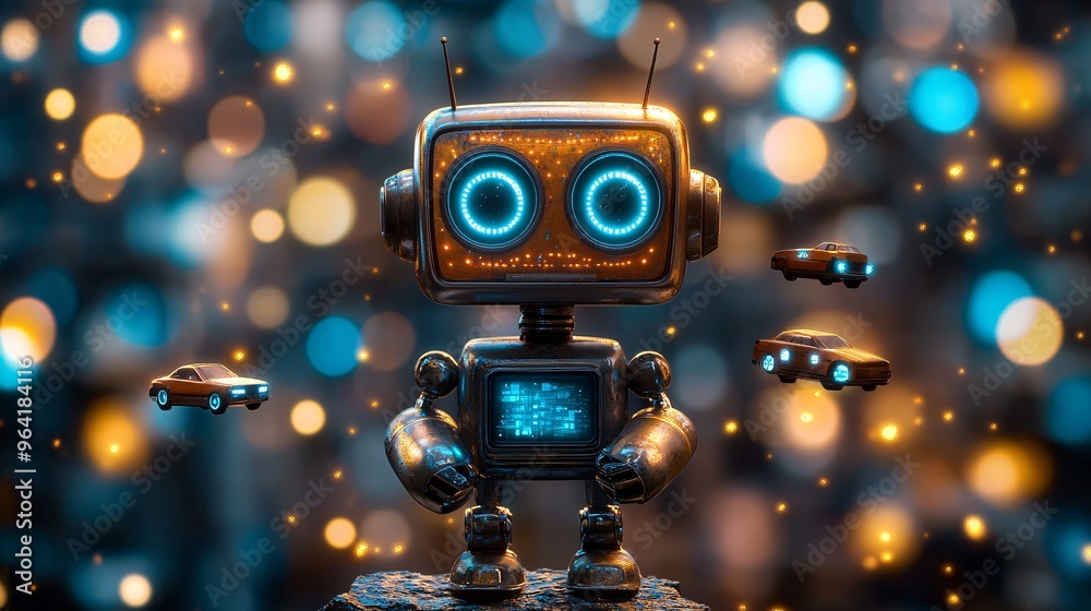 An 80s-inspired robot holding a futuristic holographic screen with flying cars and city lights in the background Large space for text in center Stock Photo with copy space An 80s-inspired robot holding a futuristic holographic screen with flying cars and city lights in the background Large space for text in center Stock Photo with copy space