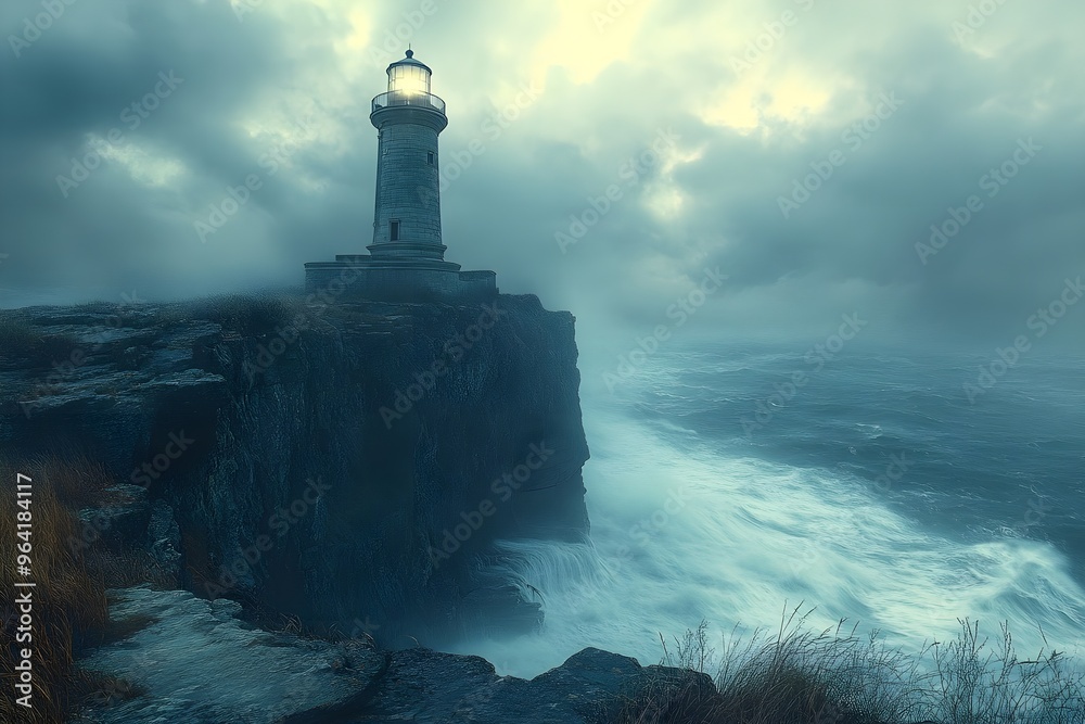 Solitary lighthouse stands tall and unwavering on a rugged cliff overlooking a vast, stormy ocean Solitary lighthouse stands tall and unwavering on a rugged cliff overlooking a vast, stormy ocean