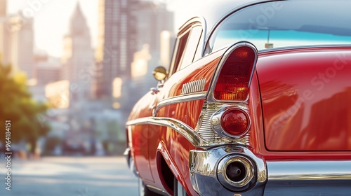 Close-up of a classic vintage car from the 60s transformed into an electric vehicle set against a futuristic city background Large space for text in center Stock Photo with copy space