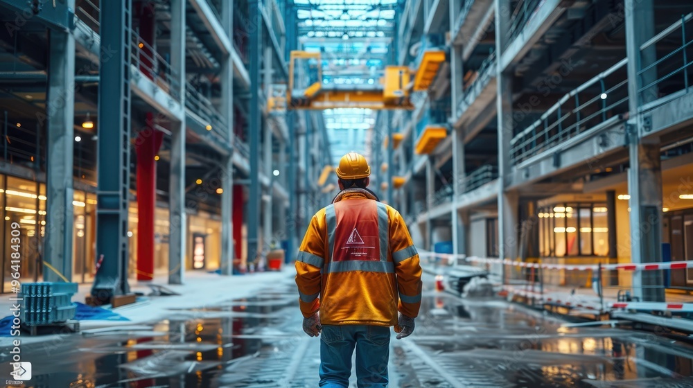 Wide view of a construction site with a worker installing wiring in a modern building Wide view of a construction site with a worker installing wiring in a modern building