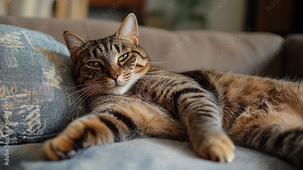 A big, brown cat with stripes was lounging on the couch. A big, brown cat with stripes was lounging on the couch.