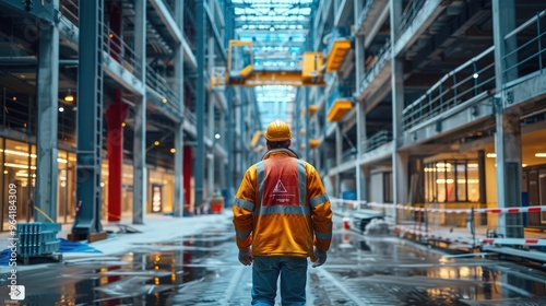 Wide view of a construction site with a worker installing wiring in a modern building