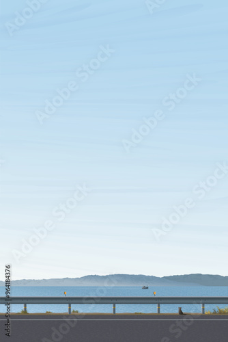 Minimalist seaside landscape with beach road have mountain ranges and blue sky vertical background graphic illustation.