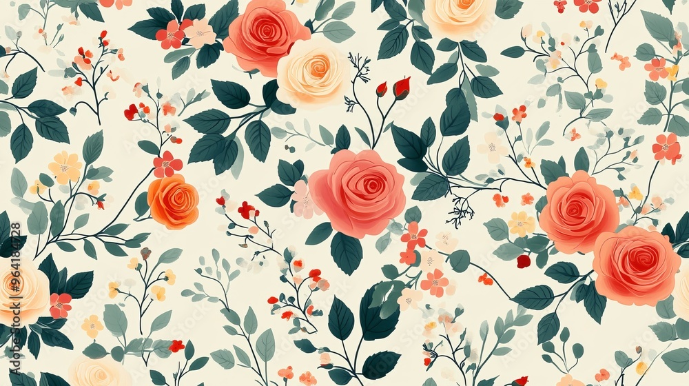 A beautiful pattern with roses, herbs, and leaves. It's a repeating design with lots of flowers, perfect for backgrounds.