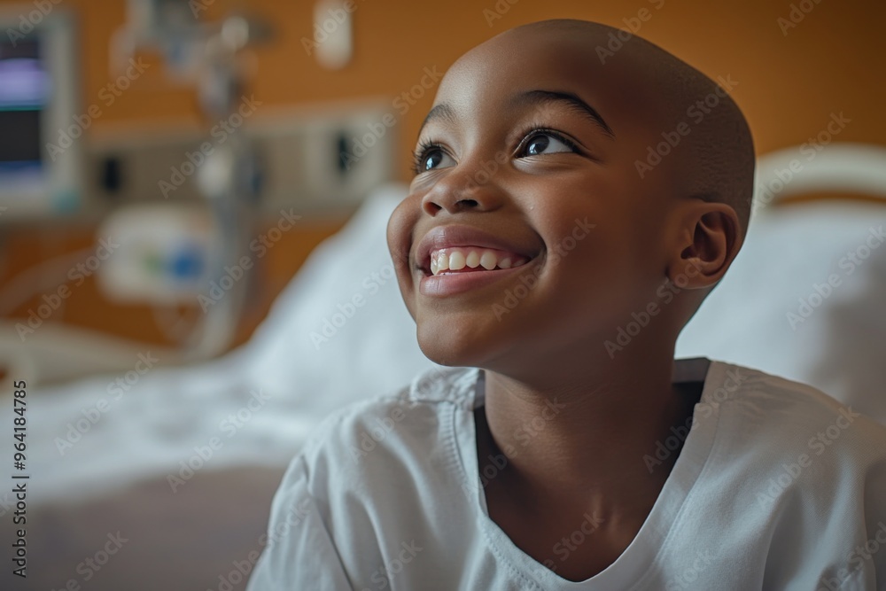 portrait of bald-headed black child with cancer, smiling in hospital room