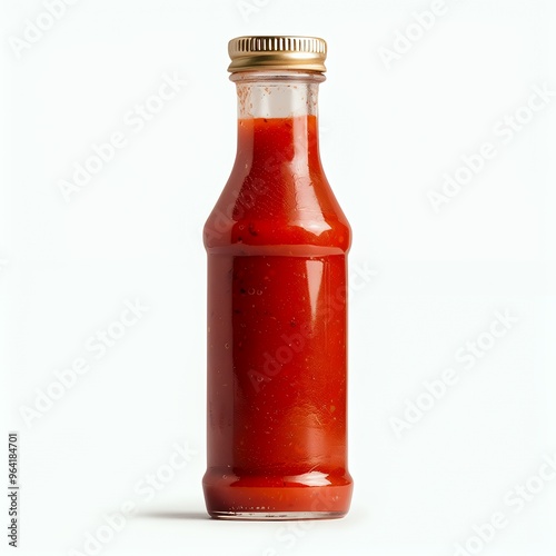 Glass bottle of red sauce with a gold cap on a white background.