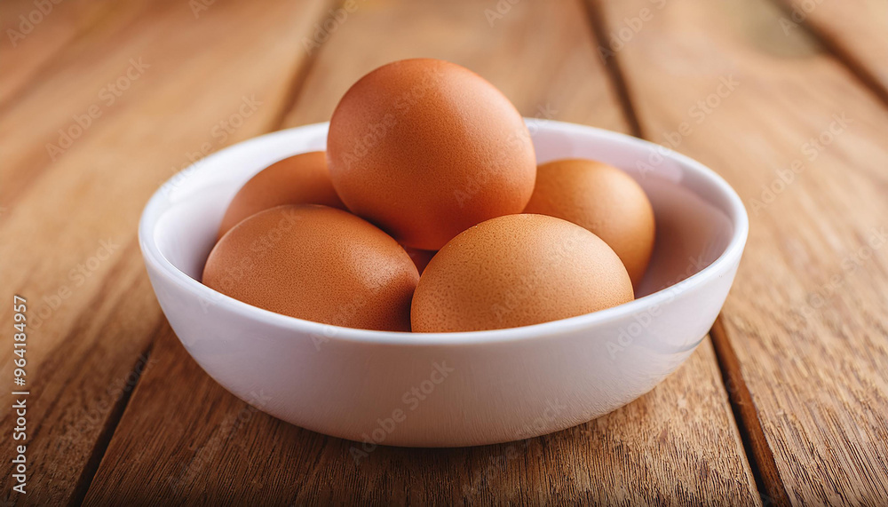 Brown chicken eggs in white ceramic bowl on wooden background. Fresh and natural food. Brown chicken eggs in white ceramic bowl on wooden background. Fresh and natural food.