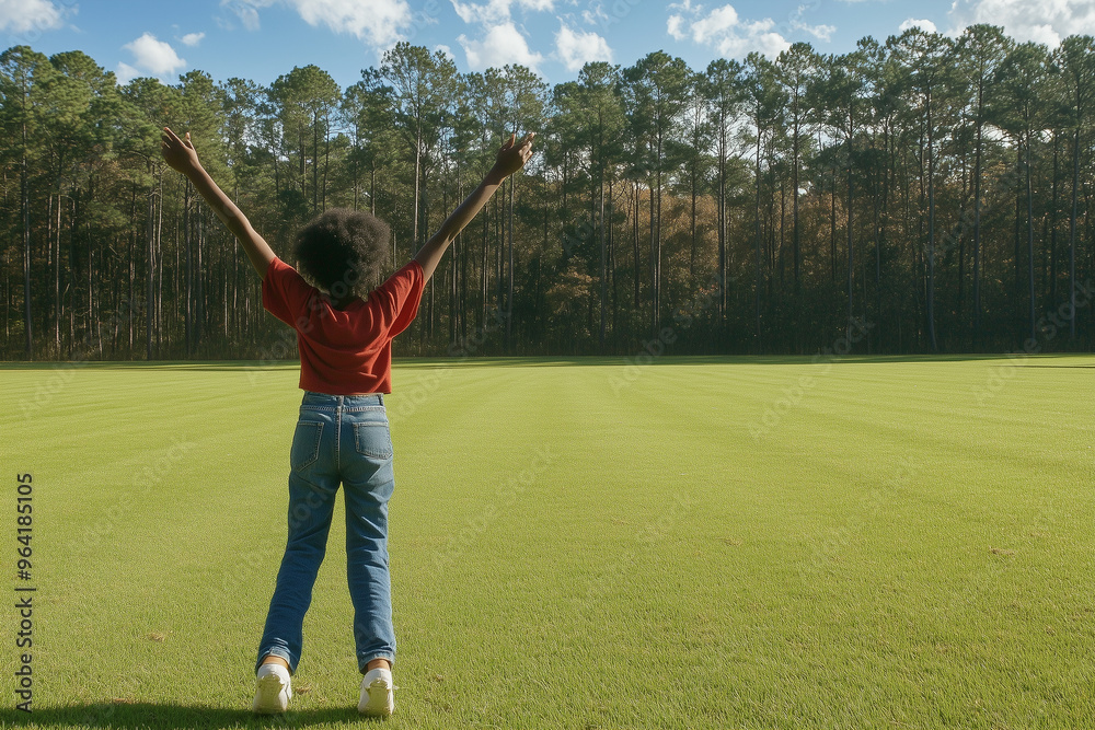 A woman is standing in a field of grass, wearing a red shirt and blue jeans A woman is standing in a field of grass, wearing a red shirt and blue jeans