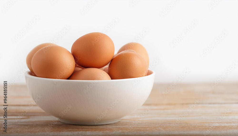 Brown chicken eggs in white ceramic bowl on wooden background. Fresh and natural food. Brown chicken eggs in white ceramic bowl on wooden background. Fresh and natural food.