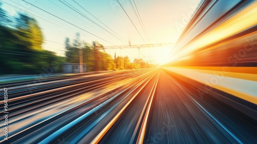 Speeding train passing through urban landscape