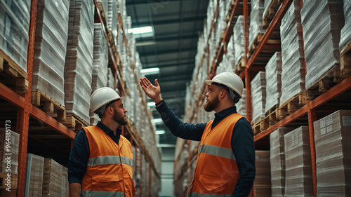 2 männliche Lagermitarbeiter diskutieren im Hochregallager über ihre Arbeit