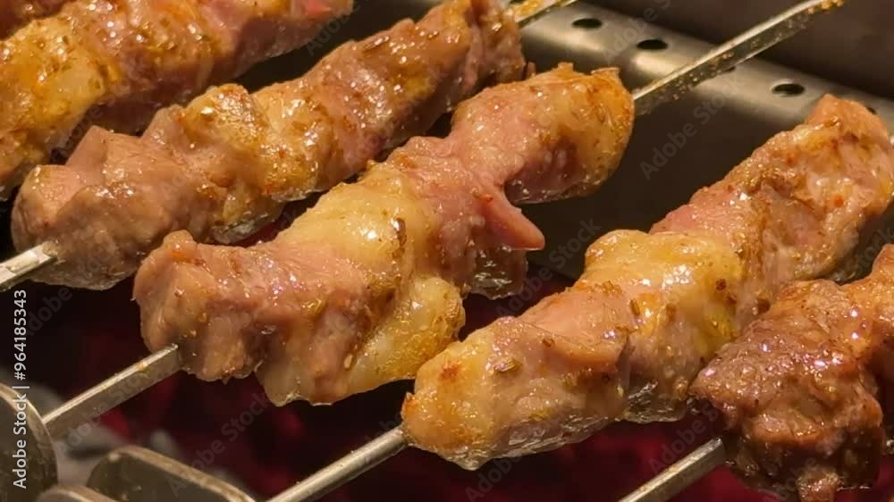 close up mutton shashlik barbecue on barbecue machine close up mutton shashlik barbecue on barbecue machine